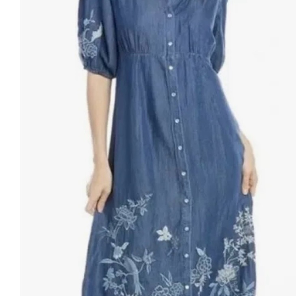 Johnny Was Denim Blue Embroidered Midi Dress